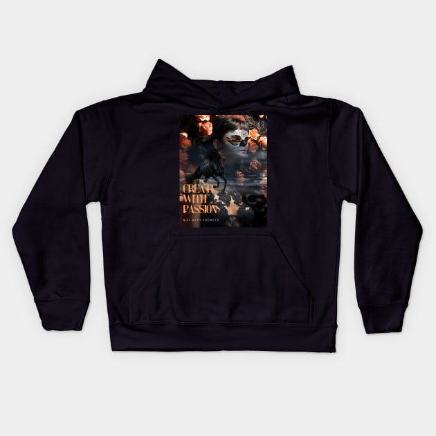 Beautiful girl with black galloping horse AI generated image Kids Hoodie by Khala